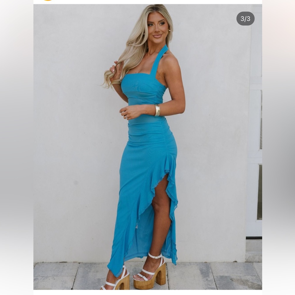 Mesh Halter Neck Dress-Blue